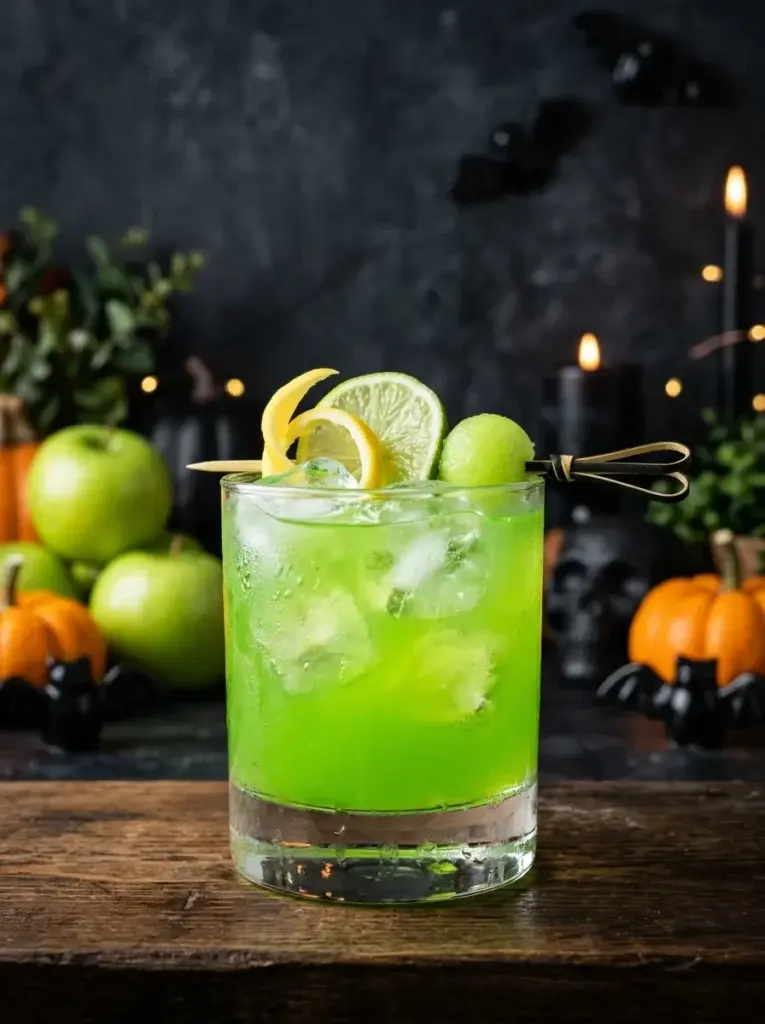 A bright green Midori sour with citrus garnishes, clear ice, and dramatic emerald Halloween accents.