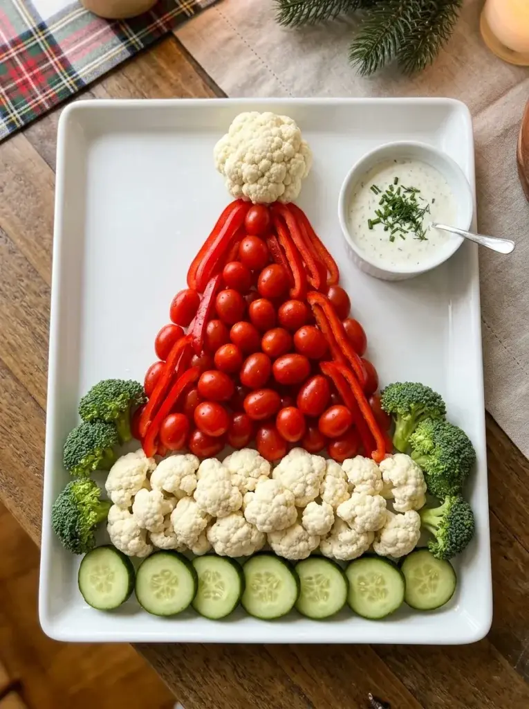 A bright red Santa hat vegetable platter with a cauliflower brim, fluffy pom-pom, and fresh green vegetable accents.