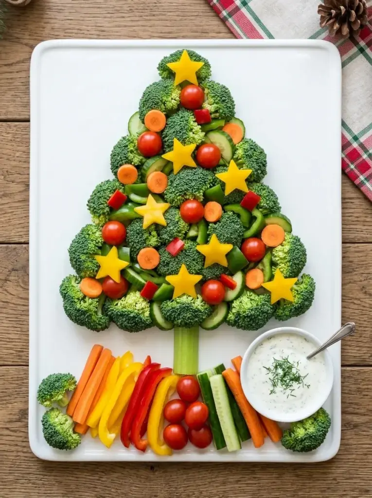 A broccoli Christmas tree decorated with cherry tomato ornaments, carrot rounds, yellow pepper stars, and a celery trunk.