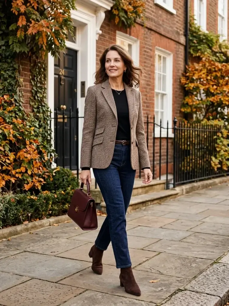 A brown-and-cream tweed blazer layered over a black knit top with dark jeans, chocolate ankle boots, and a burgundy handbag.