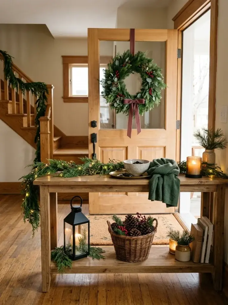 A budget-friendly Christmas entryway with an evergreen wreath, simple garland, glowing lanterns, pinecones, and natural wood accents.