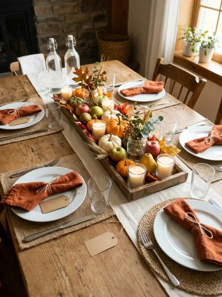 A budget-friendly DIY Thanksgiving table with everyday white plates, a handmade wooden-tray centerpiece, seasonal fruit, pumpkins, and simple linens.