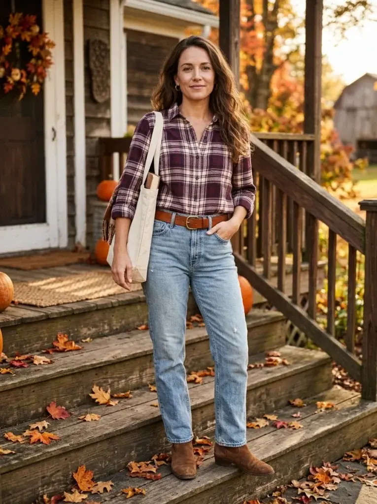 A burgundy and cream flannel shirt with light-wash straight-leg jeans, brown suede ankle boots, and a cognac belt.