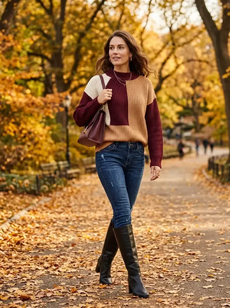 A burgundy, camel, and cream color-block sweater styled with dark jeans, black knee-high boots, and a burgundy handbag.