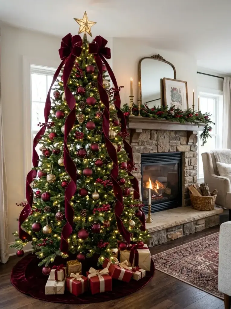 A burgundy Christmas tree styled with cascading velvet ribbons, oversized bows, and subtle antique-gold ornaments.