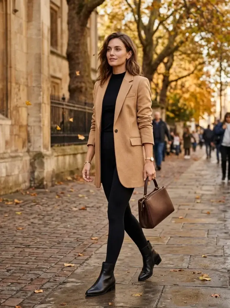 A camel tailored blazer over a black mock-neck top and black leggings, finished with pointed ankle boots and a chocolate handbag.