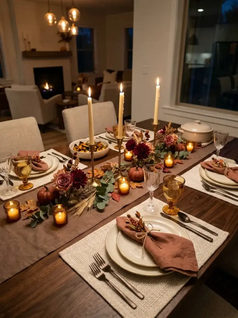 A candlelit Thanksgiving dinner table with glowing ivory tapers, amber votives, terracotta napkins, and miniature autumn pumpkins.