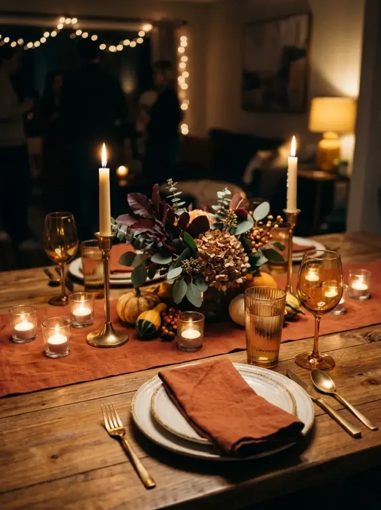 A candlelit Thanksgiving table with cream taper candles, brass holders, amber glassware, and autumn foliage.