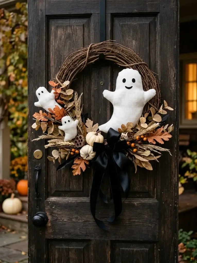 A charming ghost wreath with white fabric figures, miniature pumpkins, and black ribbon on a wooden door.