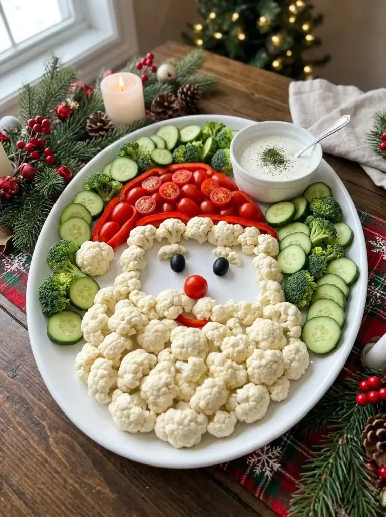 A cheerful Santa Claus vegetable platter featuring a cherry tomato hat, cauliflower beard, cucumber slices, and black olive eyes.