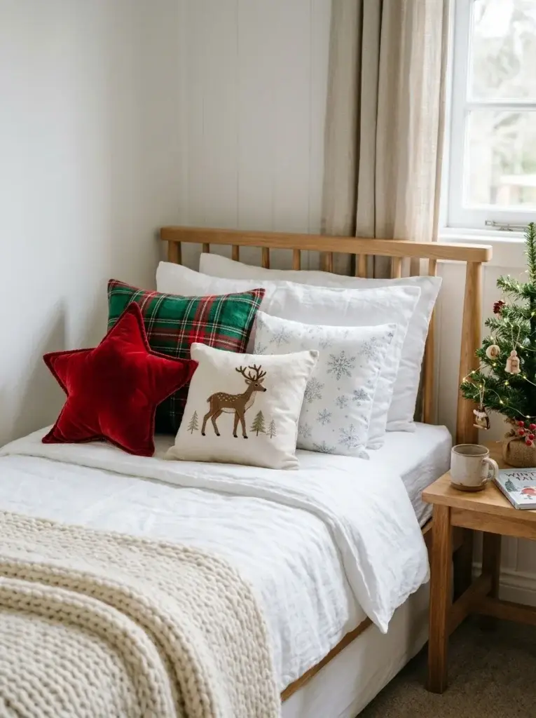 A child’s bed styled with red star cushions, green plaid pillows, a cream reindeer cushion, and a cozy knitted Christmas blanket.