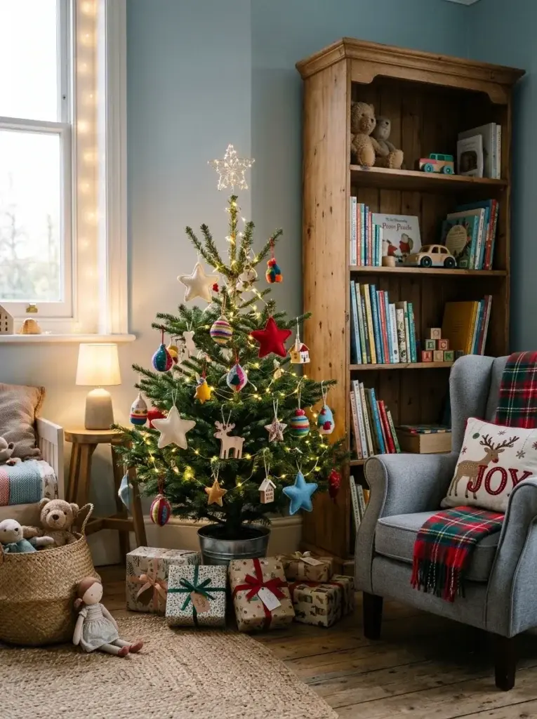A child’s bedroom corner featuring a miniature Christmas tree with colorful felt ornaments, wooden decorations, soft lights, and wrapped gifts.