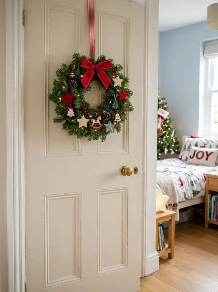 A child’s bedroom door decorated with a small evergreen Christmas wreath featuring a red bow, felt stars, and wooden ornaments.
