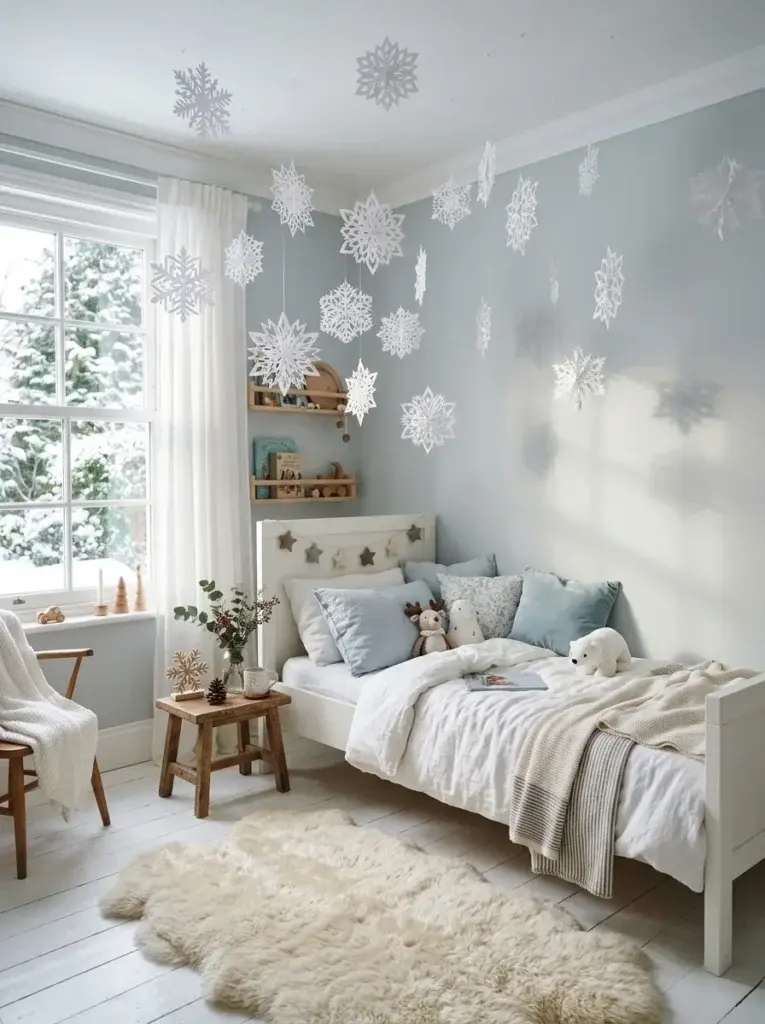 A child’s bedroom featuring delicate handmade white paper snowflakes, pale blue cushions, and soft winter-inspired decorations.