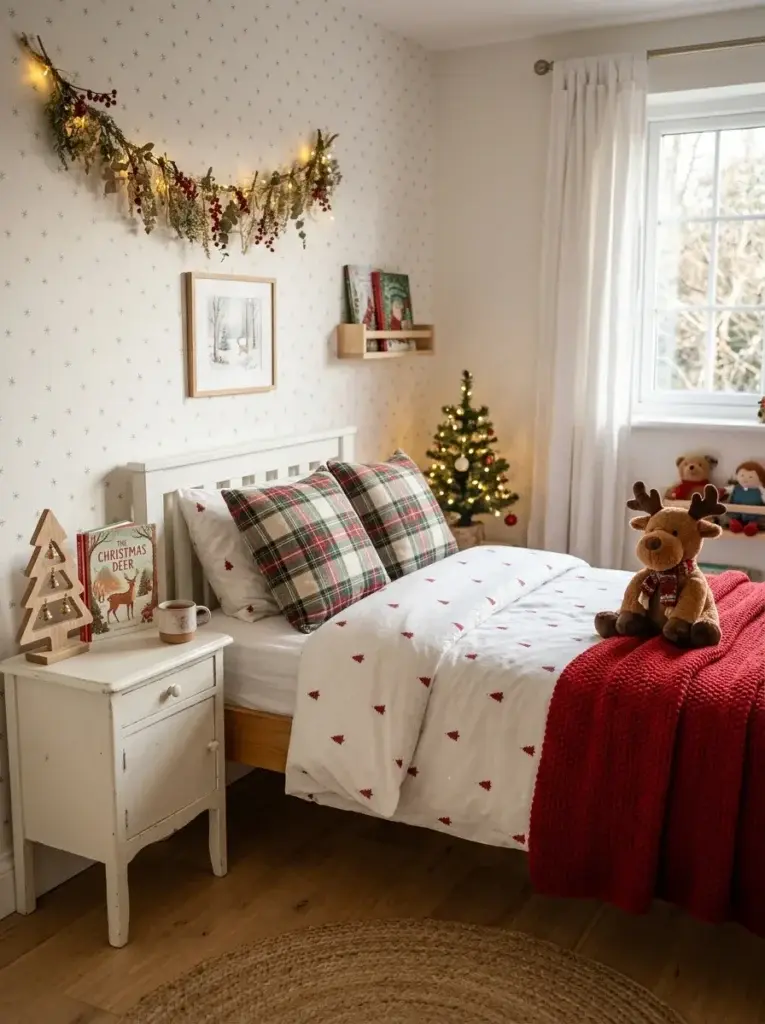 A child’s bedroom featuring festive white Christmas bedding, red tree patterns, green plaid pillows, and a cozy knitted red throw.