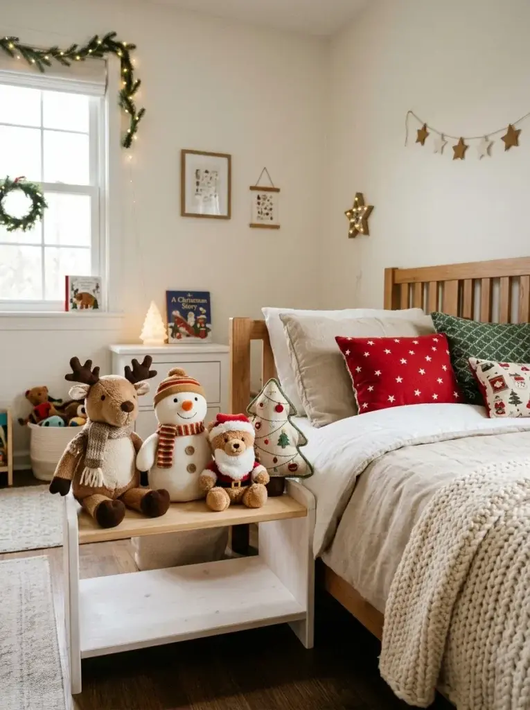 A child’s bedroom shelf displaying plush Christmas toys, including a soft reindeer, a smiling snowman, a festive teddy bear, and a fabric tree.