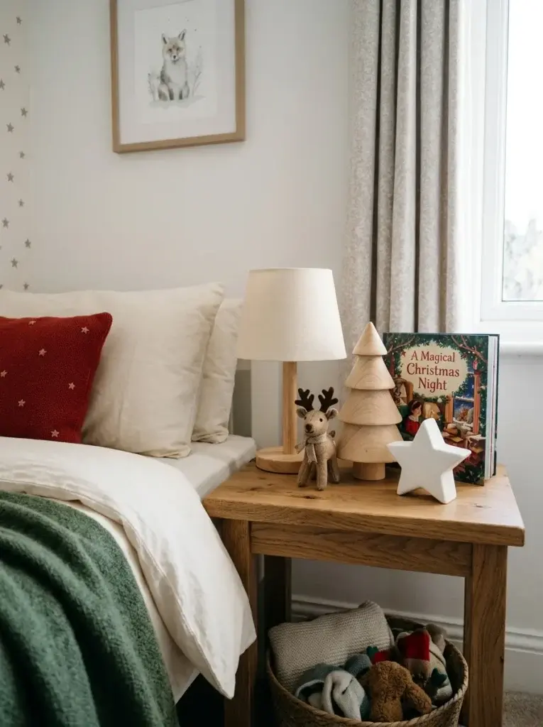 A child’s bedside table styled with a wooden Christmas tree, ceramic star, festive picture book, and miniature fabric reindeer.