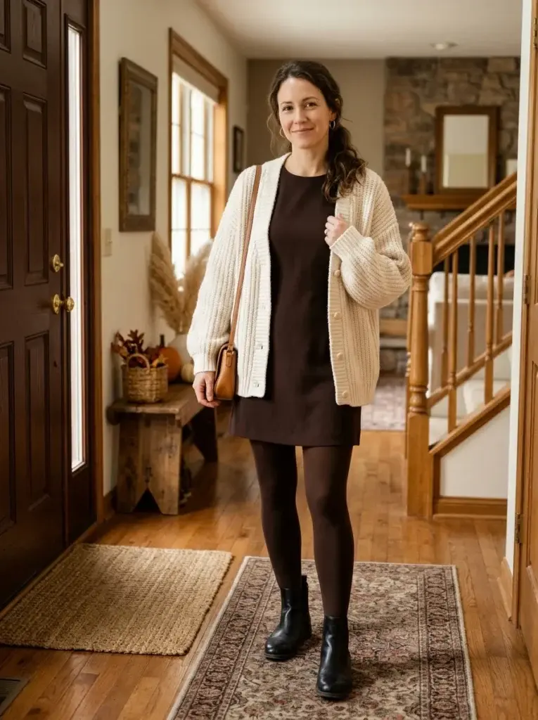 A chocolate-brown mini dress layered with a cream oversized cardigan, opaque brown tights, and black ankle boots.