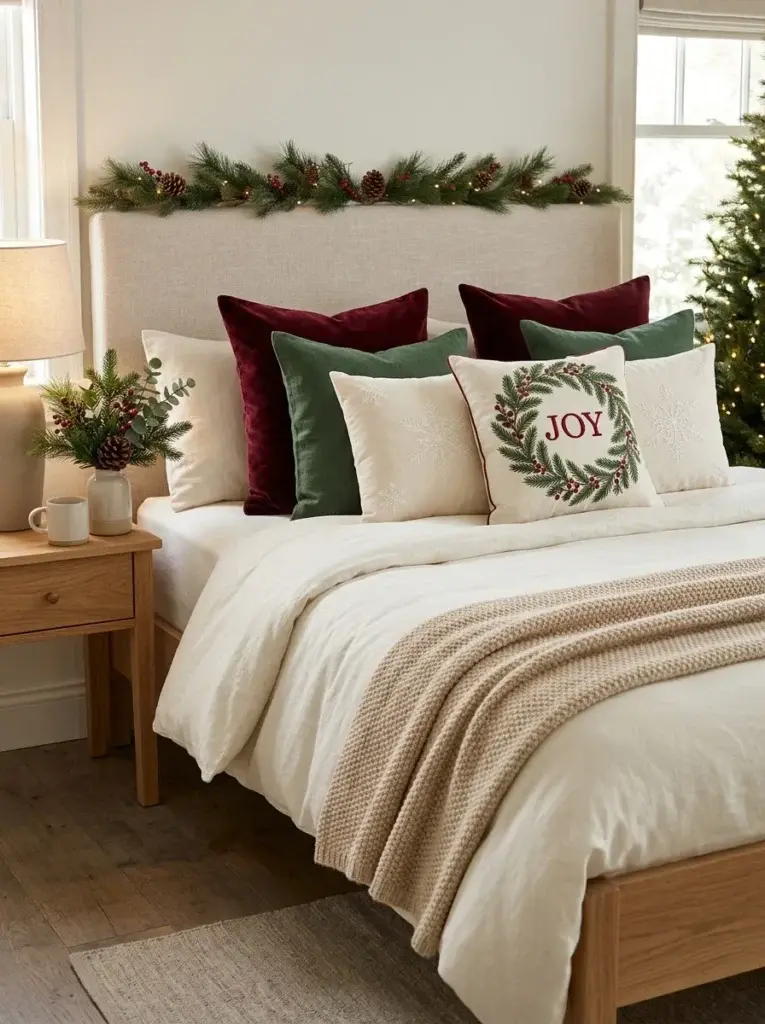 A Christmas bedroom featuring burgundy velvet cushions, embroidered seasonal pillows, and a neutral duvet.