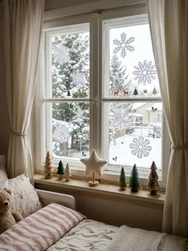 A Christmas bedroom window decorated with white paper snowflakes, festive decals, miniature wooden trees, and a soft fabric star.