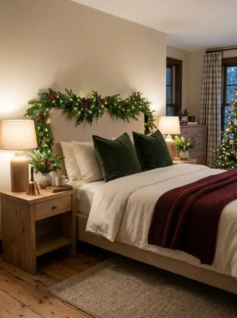 A Christmas bedroom with an evergreen garland above the headboard, cream bedding, green pillows, and a burgundy throw.