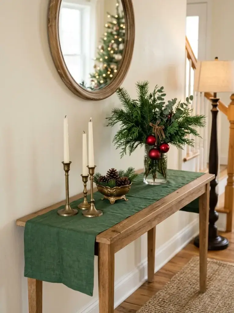 A Christmas console table styled with affordable brass candlesticks, antique-gold accents, evergreen branches, and classic red ornaments.