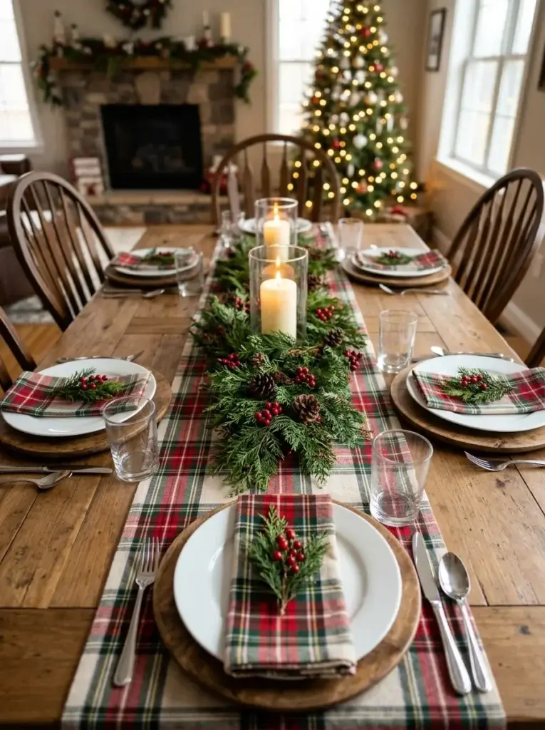 A Christmas dining table with a tartan runner, cedar greenery, pinecones, and ivory candles.