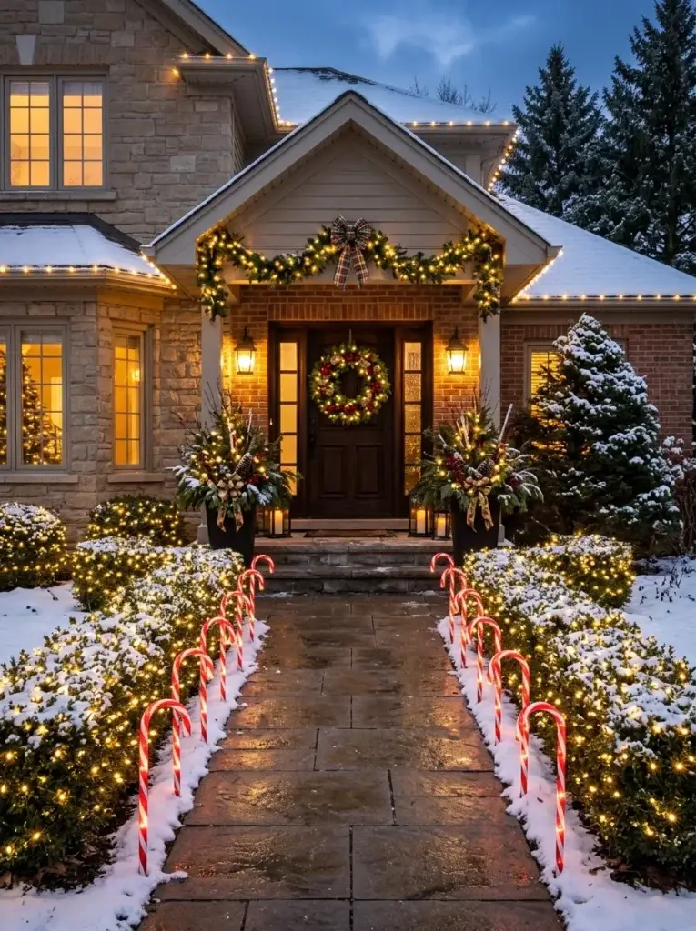 A Christmas walkway lined with glowing red-and-white candy cane lights leading to a festive front door.