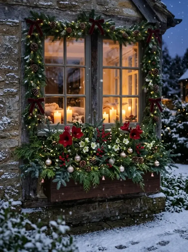 A Christmas window box filled with cedar, fir, red winter flowers, pinecones, and warm-white lights beneath a glowing window.