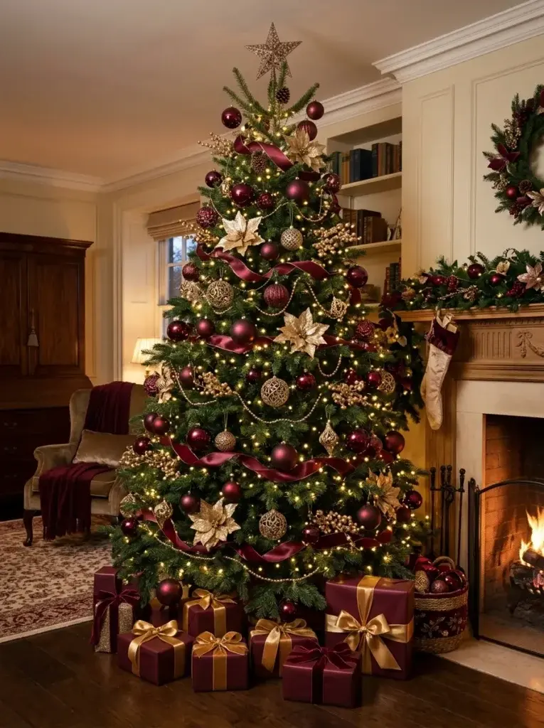 A classic burgundy Christmas tree decorated with antique gold ornaments, velvet flowers, and warm glowing lights.
