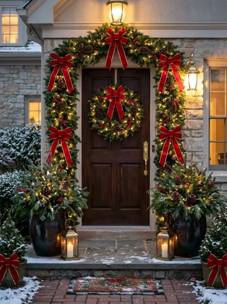 A classic Christmas front door decorated with evergreen garlands, red bows, warm lights, and festive planters.