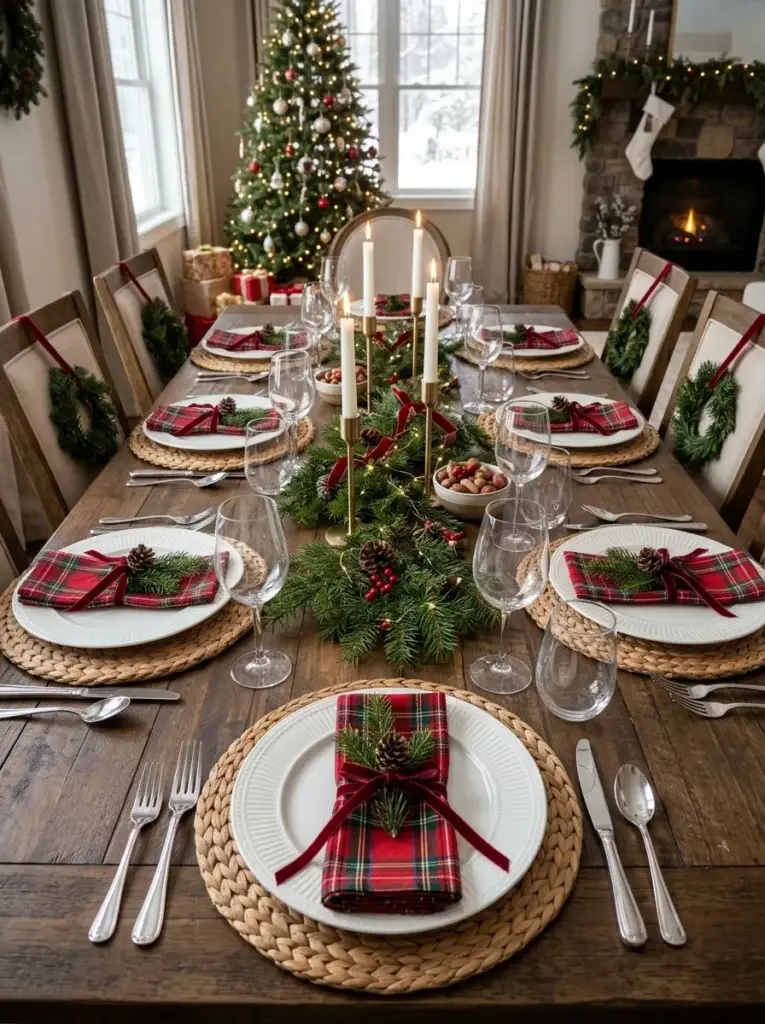 A classic Christmas tablescape with red tartan napkins, white plates, evergreen sprigs, and polished silver cutlery.