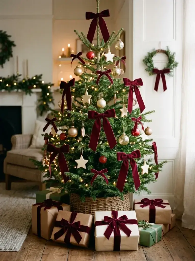 A classic Christmas tree decorated with burgundy velvet bows, warm white lights, and understated gold and ivory ornaments.