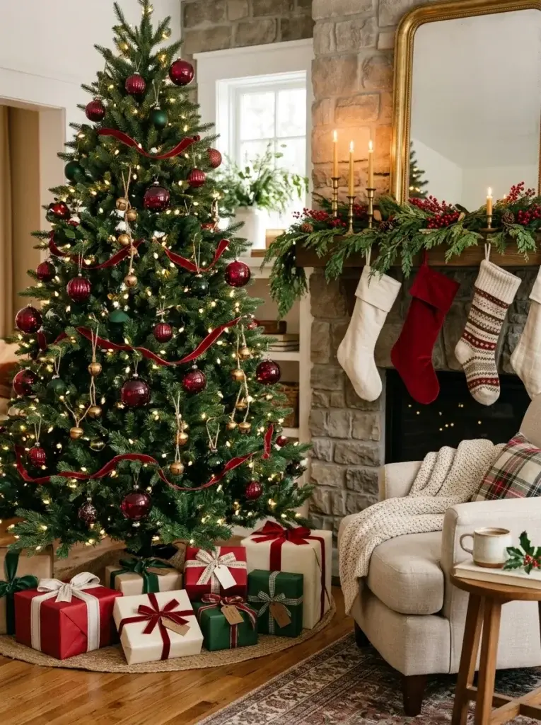 A classic Christmas tree with cranberry-red ornaments, evergreen branches, gold bells, and a traditional garland-covered mantel.