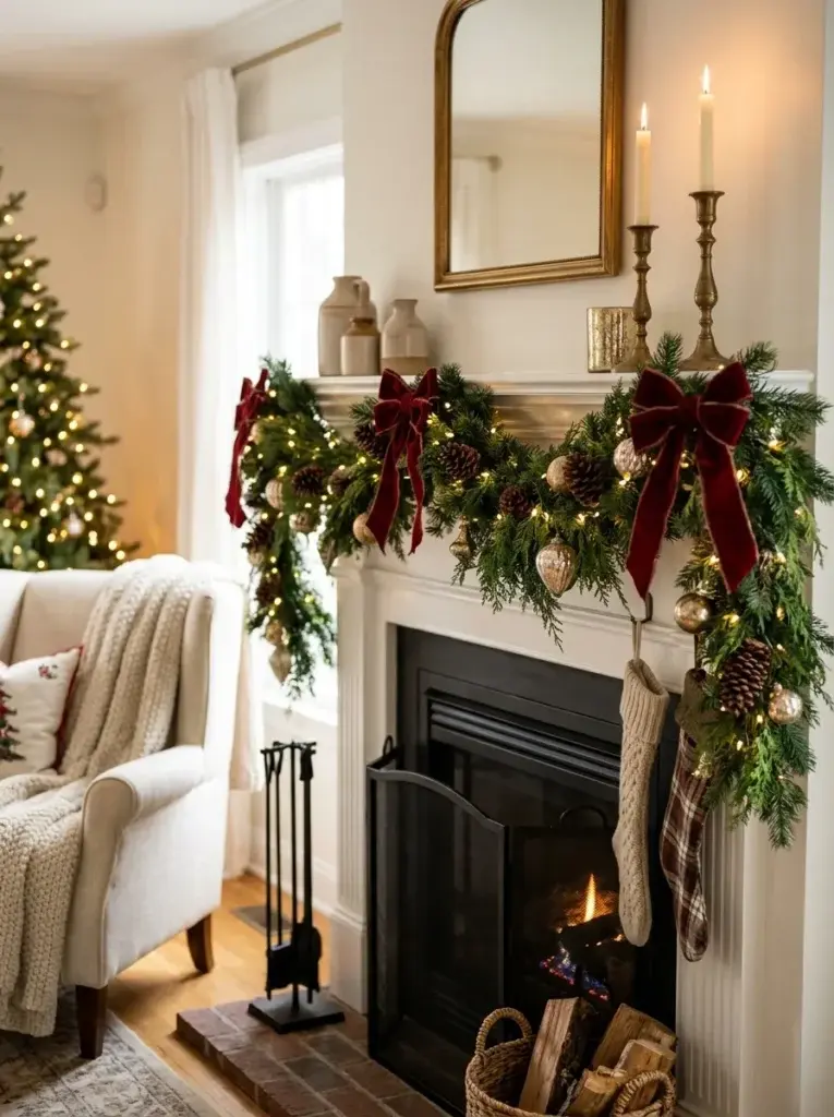 A classic evergreen garland with red velvet bows, pinecones, and warm fairy lights decorates a traditional Christmas fireplace.