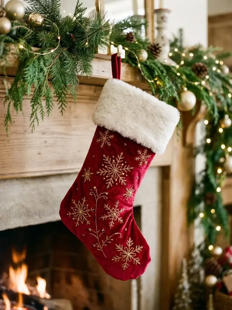 A classic red velvet Christmas stocking with a fluffy ivory cuff, gold snowflakes, and festive evergreen decorations.