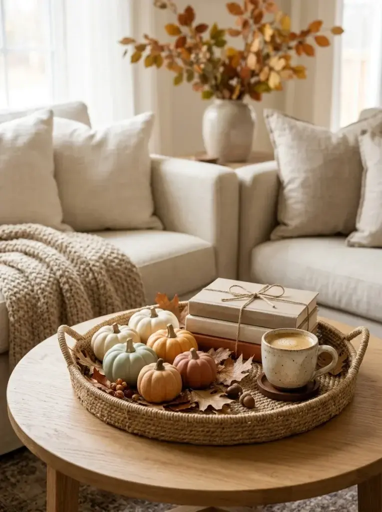 A coffee table decorated with miniature pumpkins in cream, sage, orange, and terracotta tones.