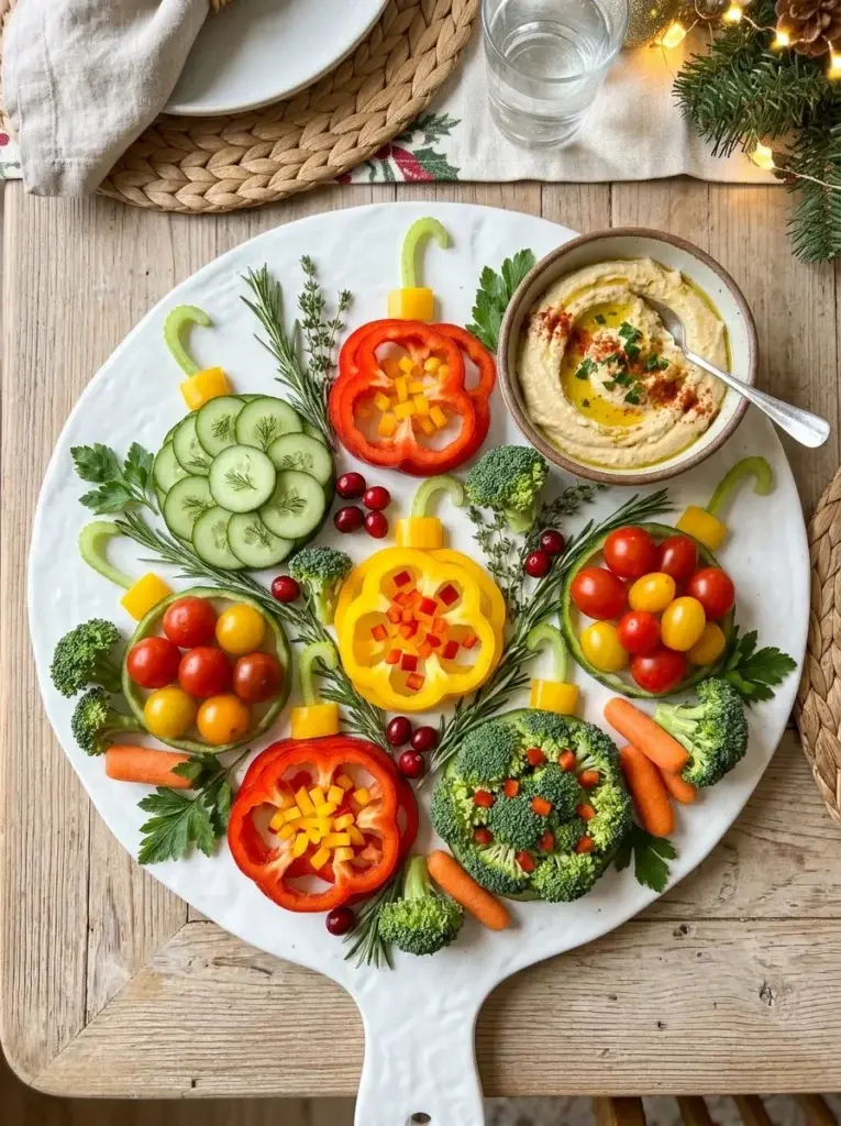 A colorful Christmas ornament vegetable platter made with cucumber rounds, bell pepper rings, cherry tomatoes, and broccoli.