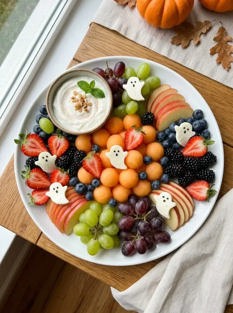 A colorful Halloween fruit platter with melon, strawberries, grapes, berries, apple slices, ghost-shaped cheese, and a bowl of yogurt dip.
