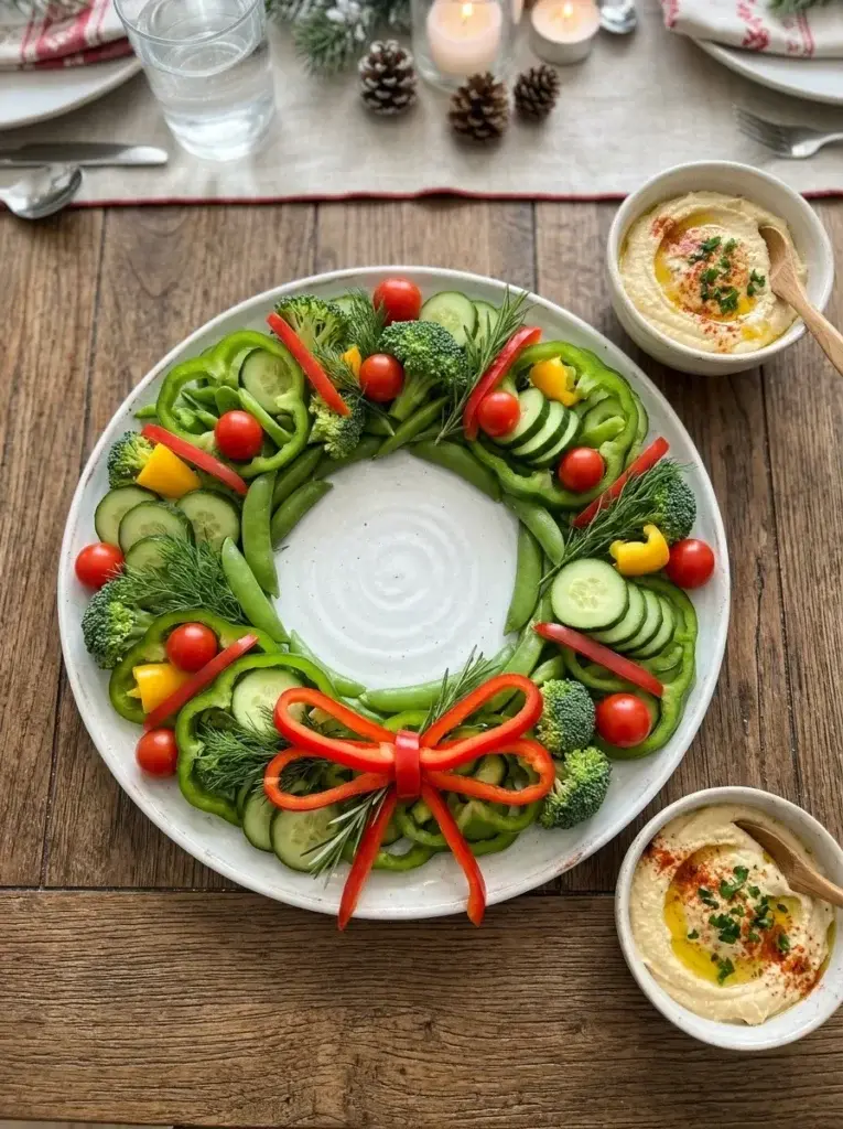 A colorful vegetable wreath made with green bell pepper rings, cucumber slices, broccoli, red tomatoes, and a red pepper bow.