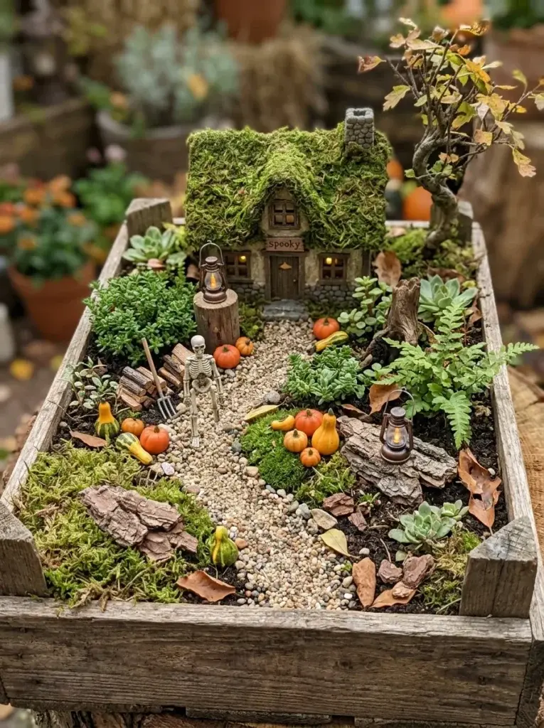A complete miniature Halloween landscape with a cottage, pumpkins, skeleton, lanterns, and winding gravel path.