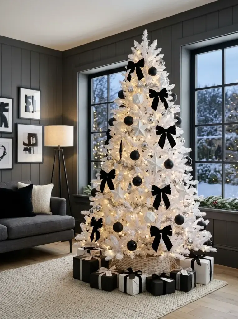 A contemporary white Christmas tree with black velvet bows, monochrome baubles, and warm lights in a modern living room.