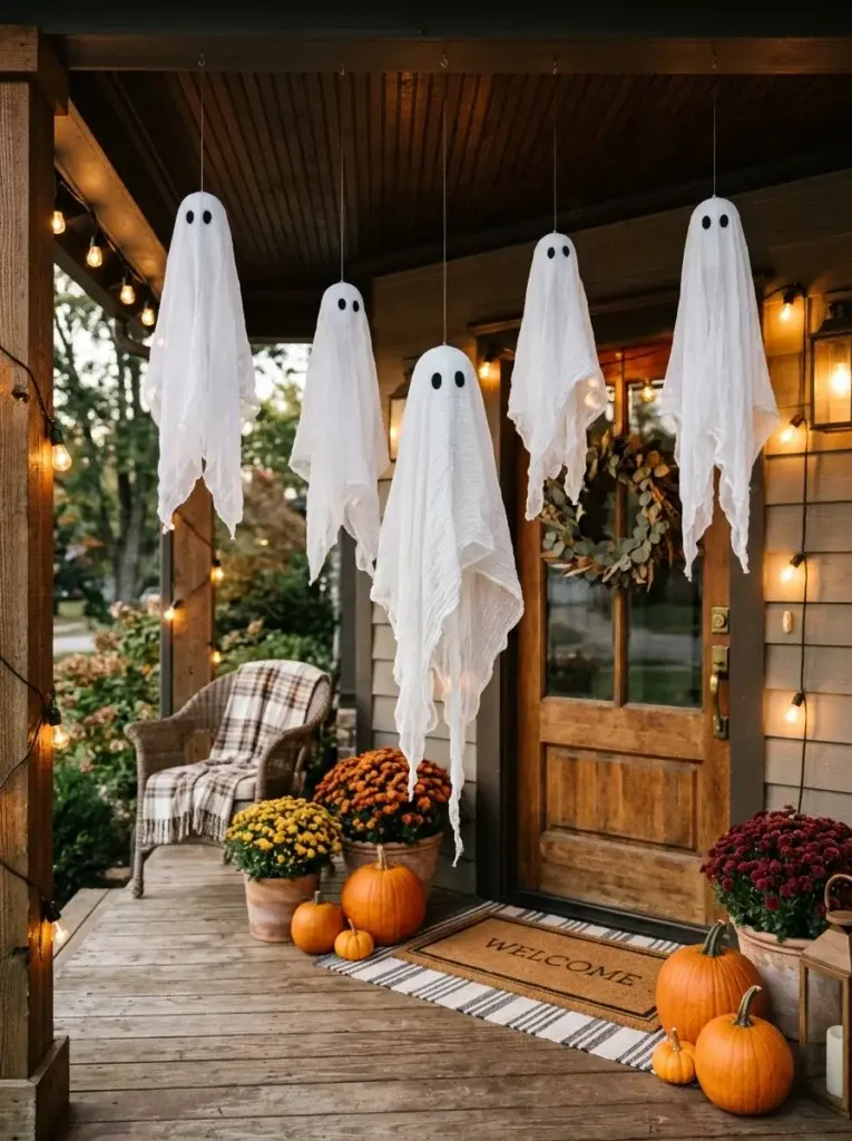 A covered Halloween porch decorated with hanging white ghosts, orange pumpkins, and warm string lights.