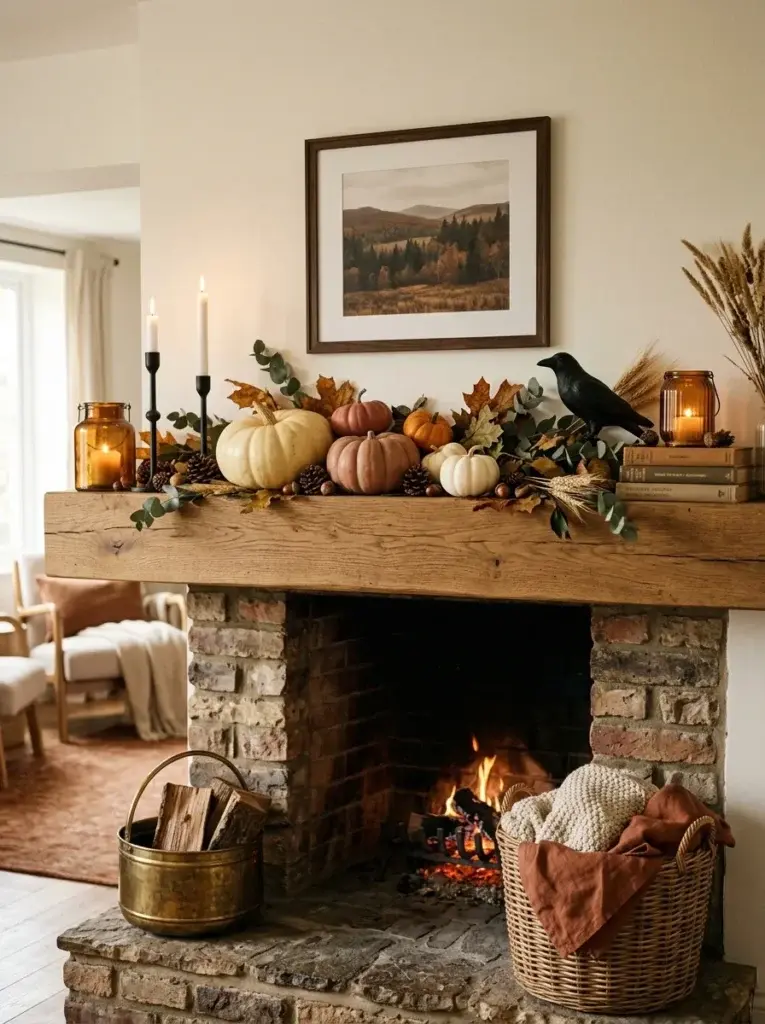 A cozy autumn fireplace mantel with cream pumpkins, terracotta gourds, dried wheat, amber lanterns, and subtle black Halloween accents.
