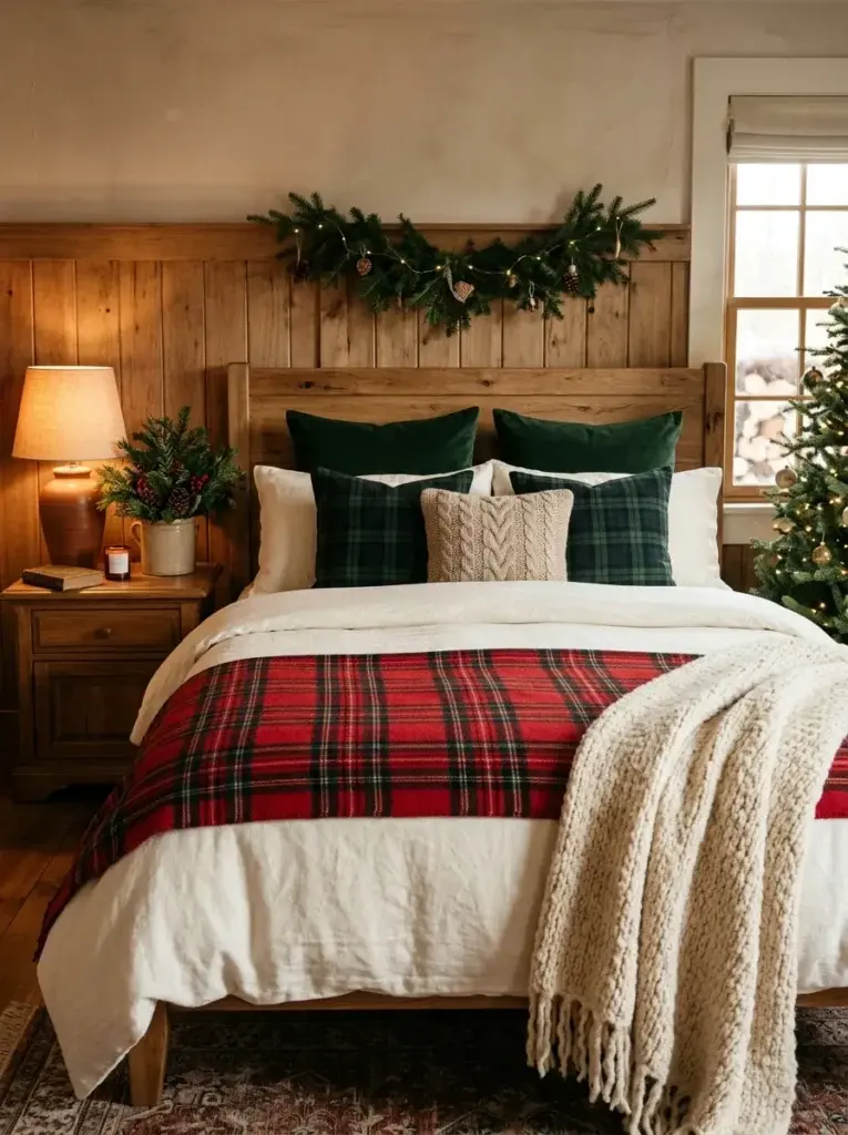 A cozy Christmas bed styled with a red-and-black tartan blanket, ivory bedding, and forest-green decorative pillows.
