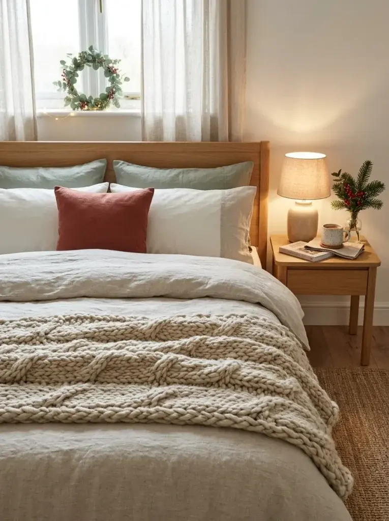 A cozy Christmas bedroom with an oversized chunky knitted throw, oatmeal bedding, and subtle red-and-green accents.