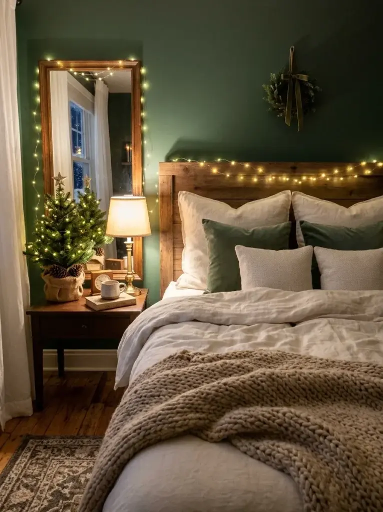 A cozy Christmas bedroom with warm-white fairy lights, ivory bedding, green pillows, and a soft knitted blanket.