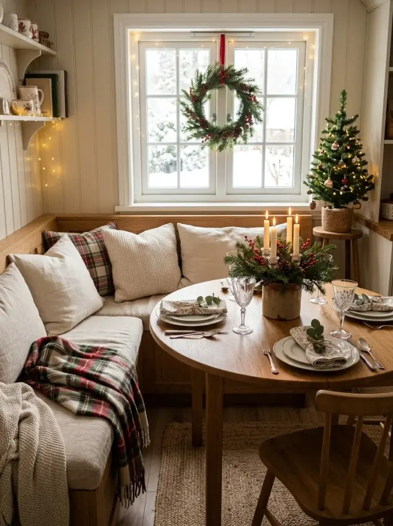 A cozy Christmas dining nook with plaid textiles, a round wooden table, soft cushions, and festive greenery.