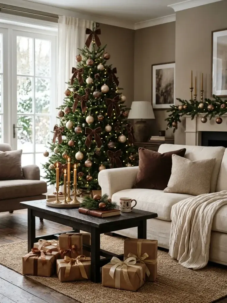 A cozy Christmas living room with chocolate-brown velvet accents, bronze ornaments, champagne details, and creamy neutral furnishings.