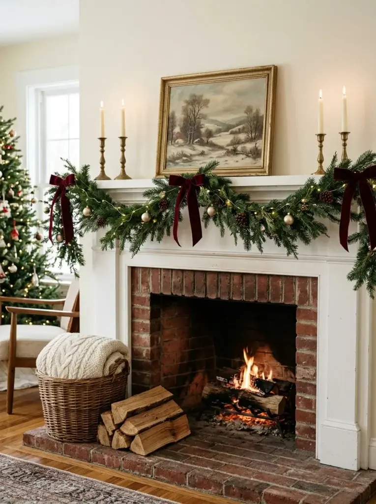 A cozy Christmas mantel decorated with evergreen garland, burgundy ribbons, antique-gold accents, ivory candles, and soft neutral textiles.
